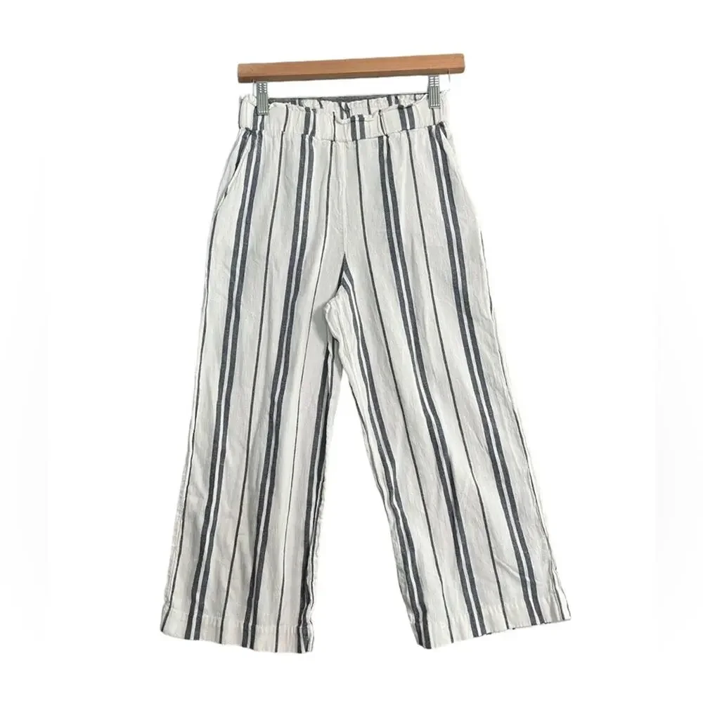 H&M Womens Pants Size 2 Blue White Striped Wide Leg Cropped Linen Blend Coastal